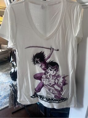 Anime Graphic V-Neck Tee - White with Purple Print, M, new